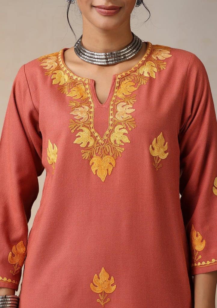 HOC Crafts Aari Embroidered Woollen Solid Women's Long Kurta - Coral view 2