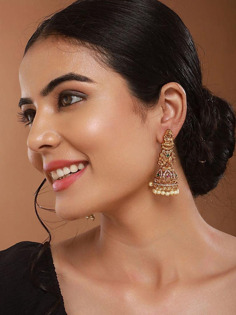 Gold Matt Polish Zircon Studded Lakshmiji Motif Designer Danggling Earring view 2