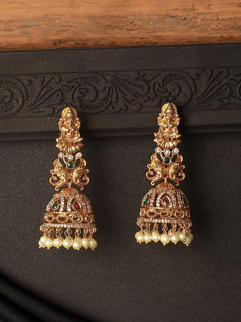 Gold Matt Polish Zircon Studded Lakshmiji Motif Designer Danggling Earring view 3