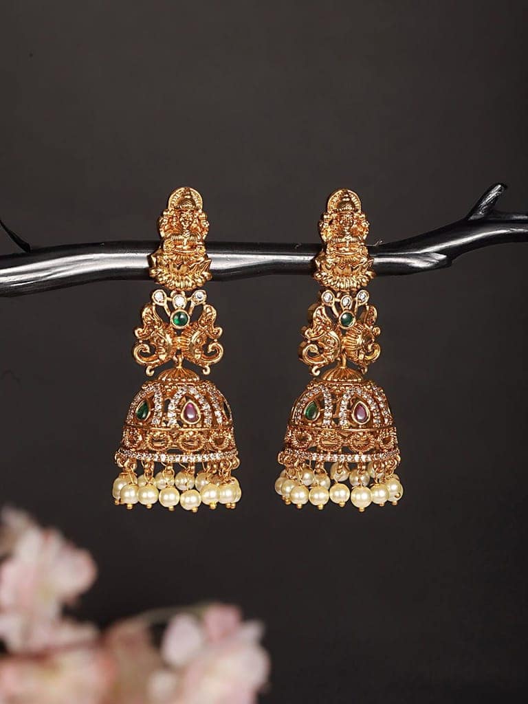 Gold Matt Polish Zircon Studded Lakshmiji Motif Designer Danggling Earring view 4