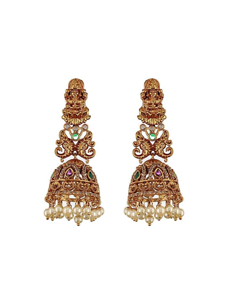 Gold Matt Polish Zircon Studded Lakshmiji Motif Designer Danggling Earring view 5