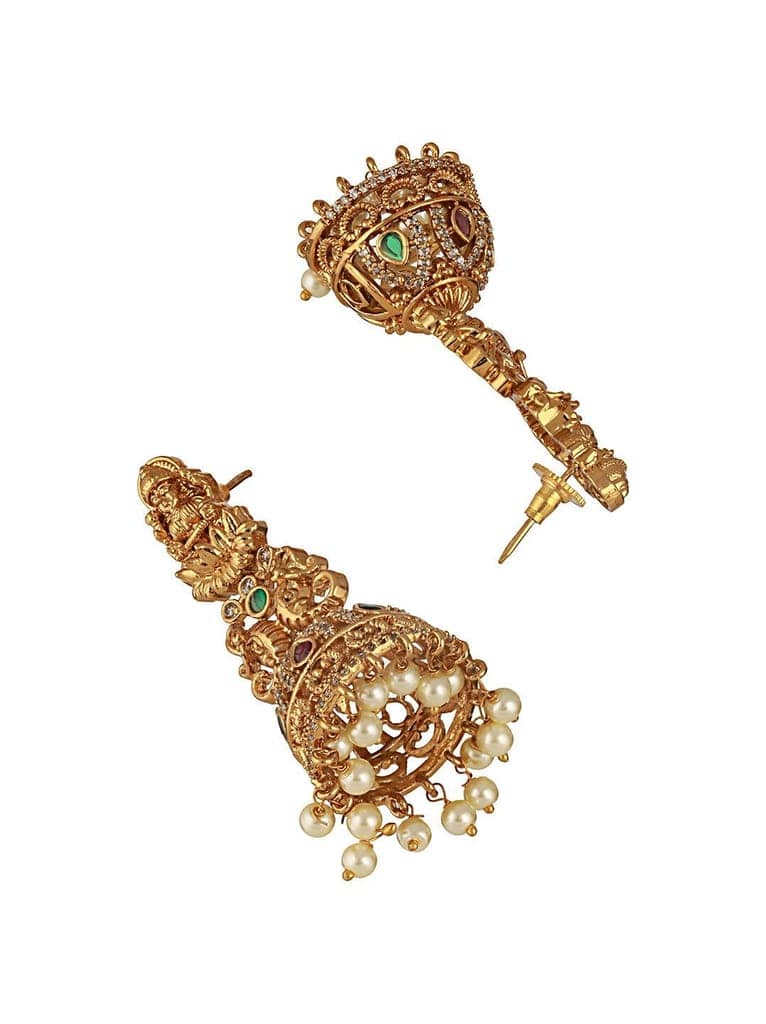 Gold Matt Polish Zircon Studded Lakshmiji Motif Designer Danggling Earring view 6
