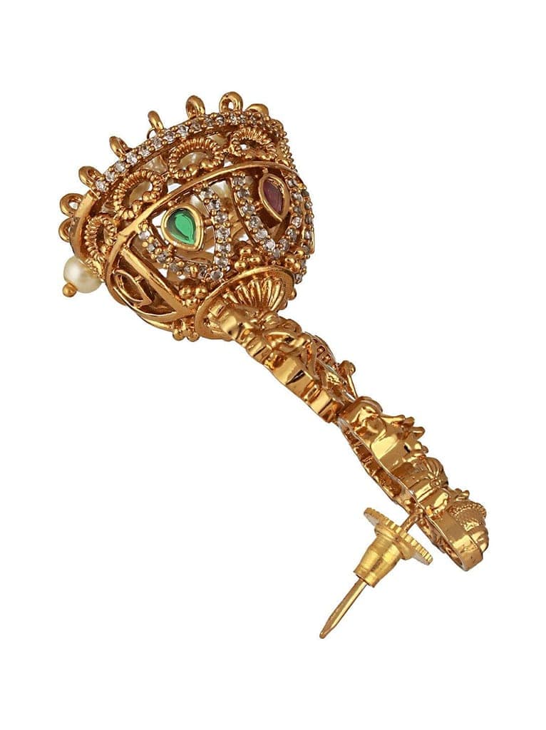 Gold Matt Polish Zircon Studded Lakshmiji Motif Designer Danggling Earring view 7