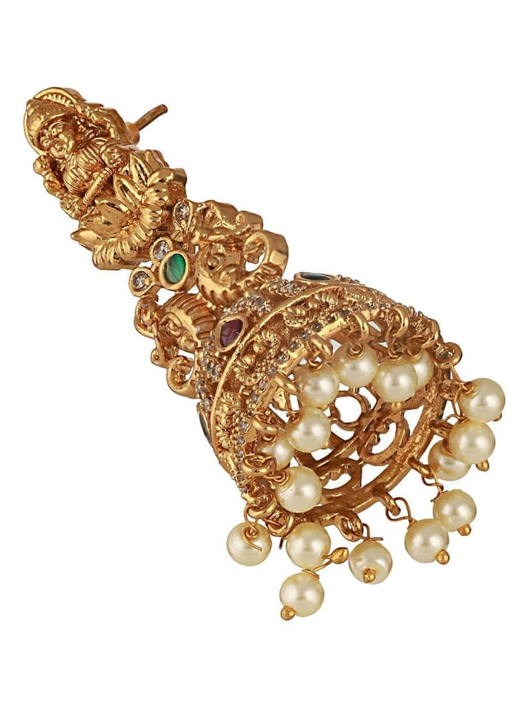 Gold Matt Polish Zircon Studded Lakshmiji Motif Designer Danggling Earring view 8