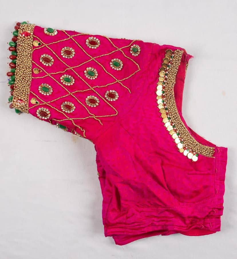 Embroidered Pink Saree Blouse with Stone and Bead Detailing view 2
