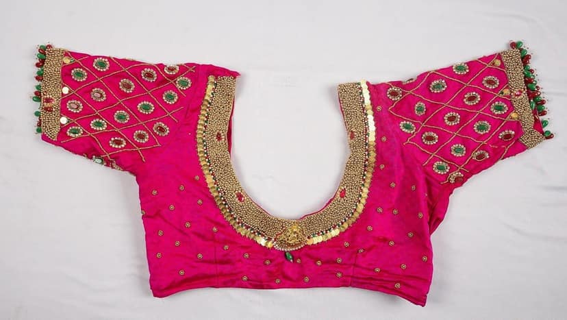 Embroidered Pink Saree Blouse with Stone and Bead Detailing view 3