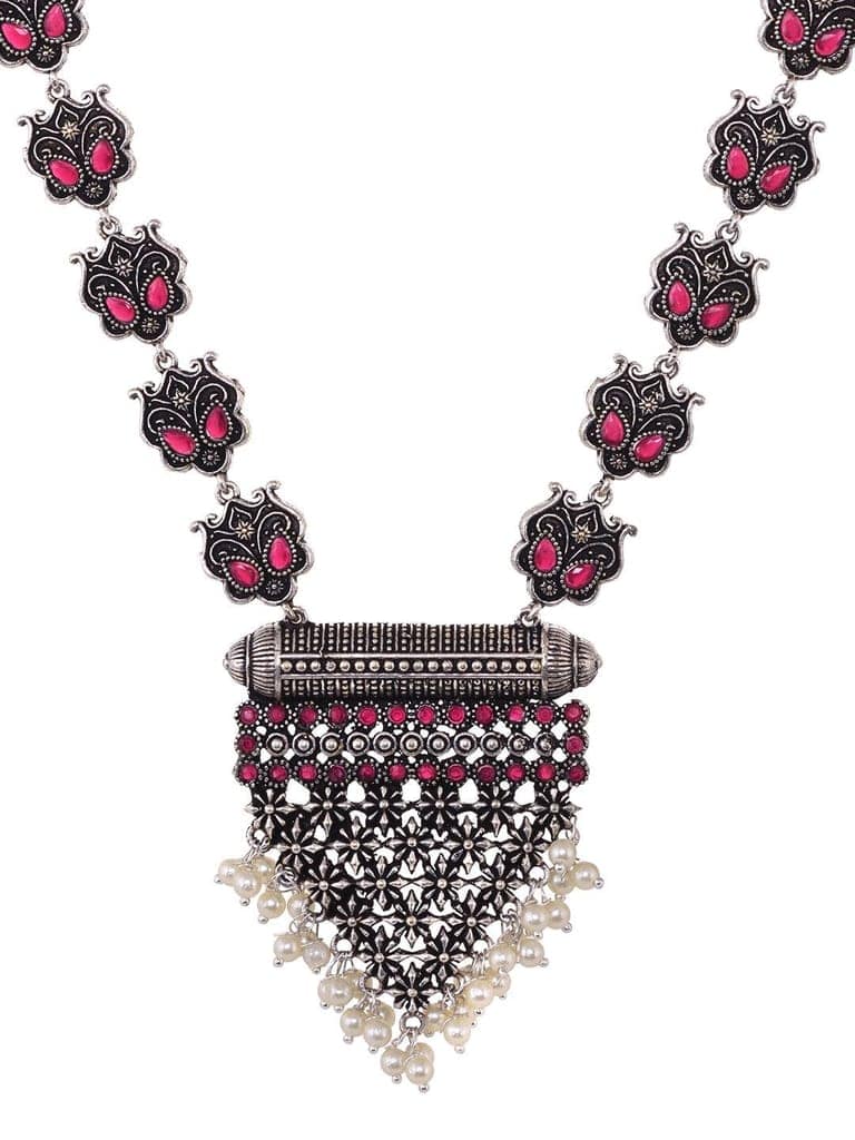 Oxidised Silver Plated Red stone Studded & Pearl Beaded Tribal Necklace Jewellery Set view 5