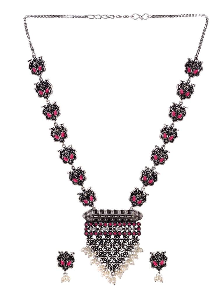 Oxidised Silver Plated Red stone Studded & Pearl Beaded Tribal Necklace Jewellery Set view 6