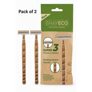 (Pack of 2) SHAVECO Bamboo Safety Disposable Razor for Men 3 Blades Razor with Lubricating Strip / Pivot Head