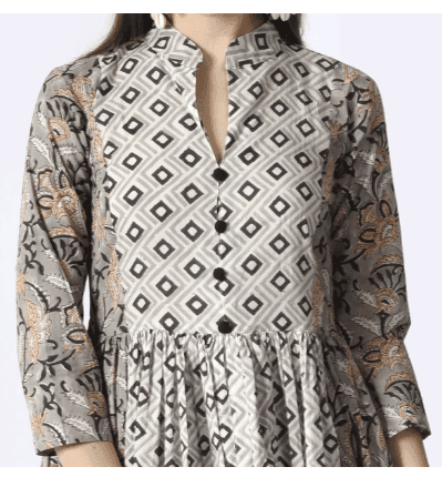 Grey Hand Block Printed Cambric Cotton Kurta with Pants- Set of 2 view 3