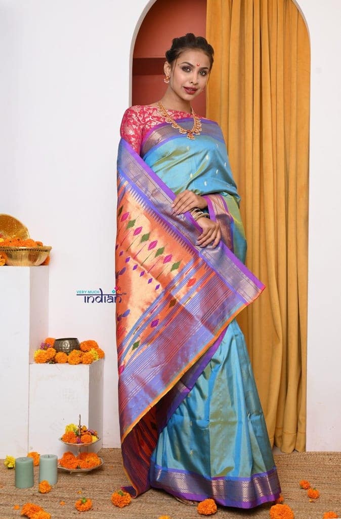 EXCLUSIVE! Authentic Dual Tone Powder Blue Paithani With Most Traditional Double Pallu (By Govt Certified Weavers) view 2