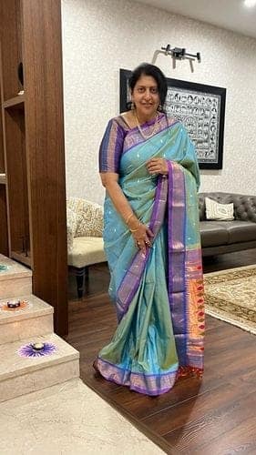 EXCLUSIVE! Authentic Dual Tone Powder Blue Paithani With Most Traditional Double Pallu (By Govt Certified Weavers) view 3