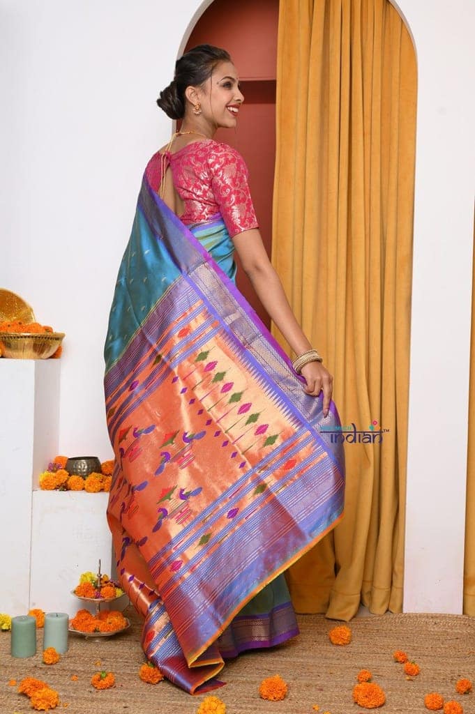 EXCLUSIVE! Authentic Dual Tone Powder Blue Paithani With Most Traditional Double Pallu (By Govt Certified Weavers) view 4