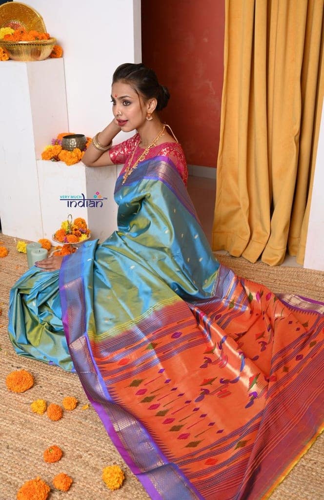EXCLUSIVE! Authentic Dual Tone Powder Blue Paithani With Most Traditional Double Pallu (By Govt Certified Weavers) view 6