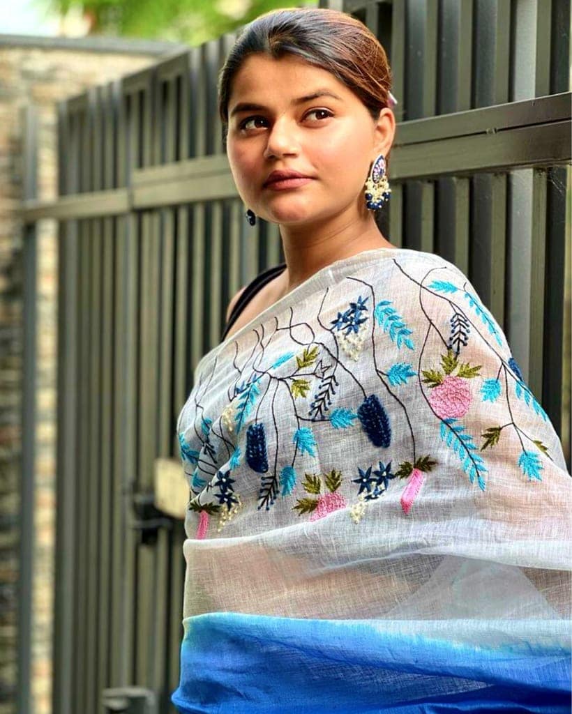 Pure Linen Saree Handloom Hand Embroidered White and Blue double color with attached Running Blouse-3705 view 2