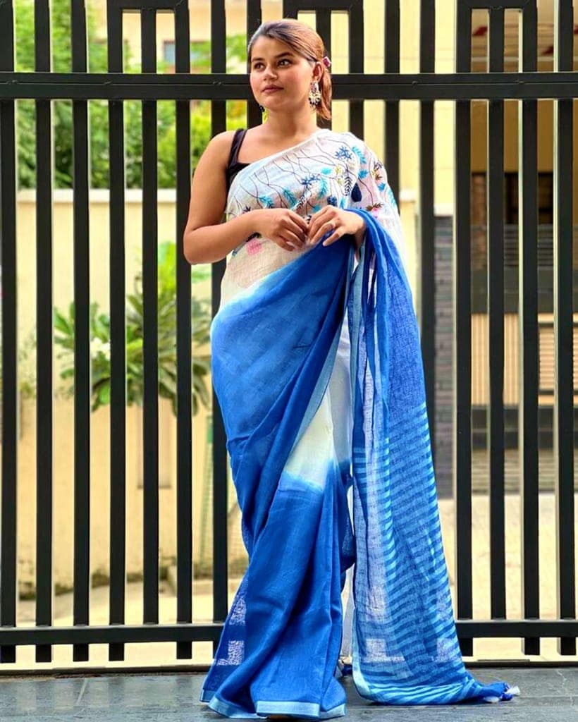 Pure Linen Saree Handloom Hand Embroidered White and Blue double color with attached Running Blouse-3705 view 5