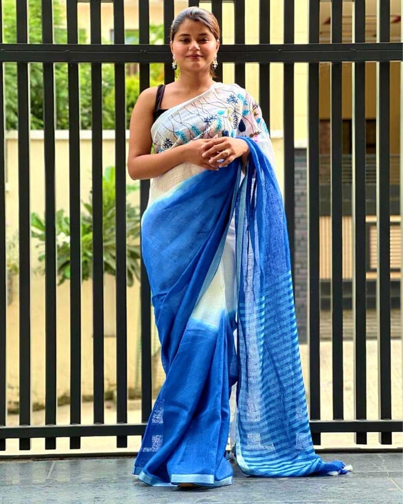 Pure Linen Saree Handloom Hand Embroidered White and Blue double color with attached Running Blouse-3705 view 7