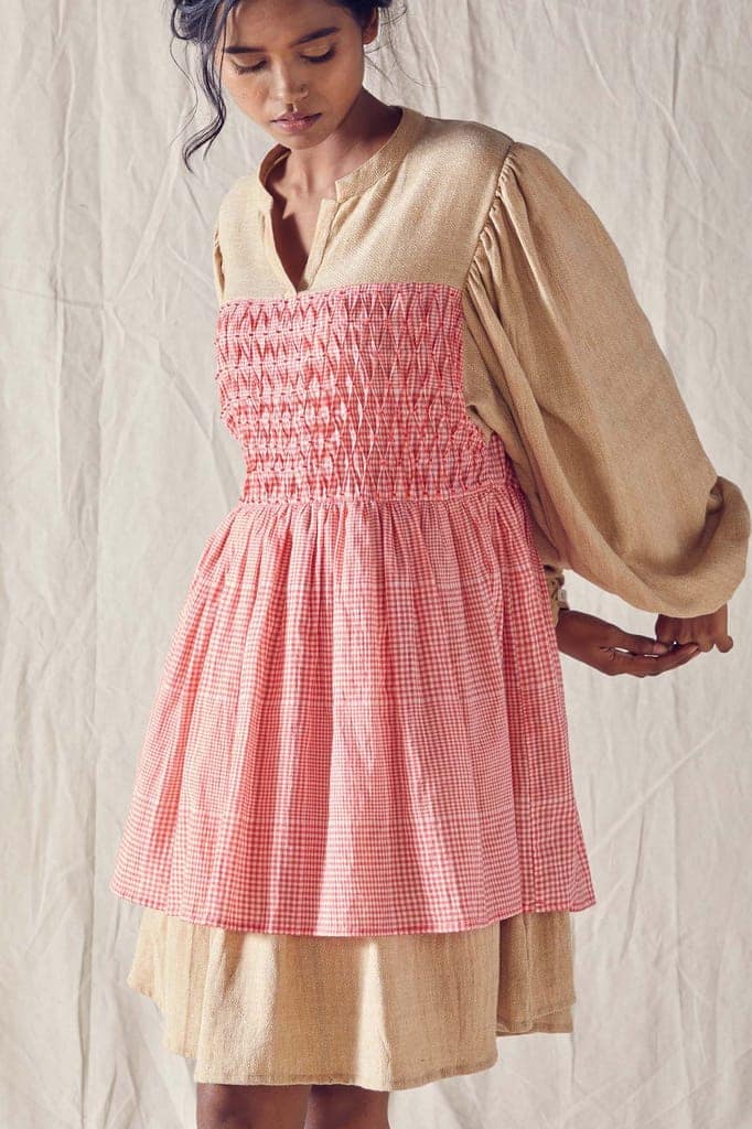 Honeycomb Detail Dress In Beige Organic Cotton And Red Checks Cotton Khadi Mulmul view 3