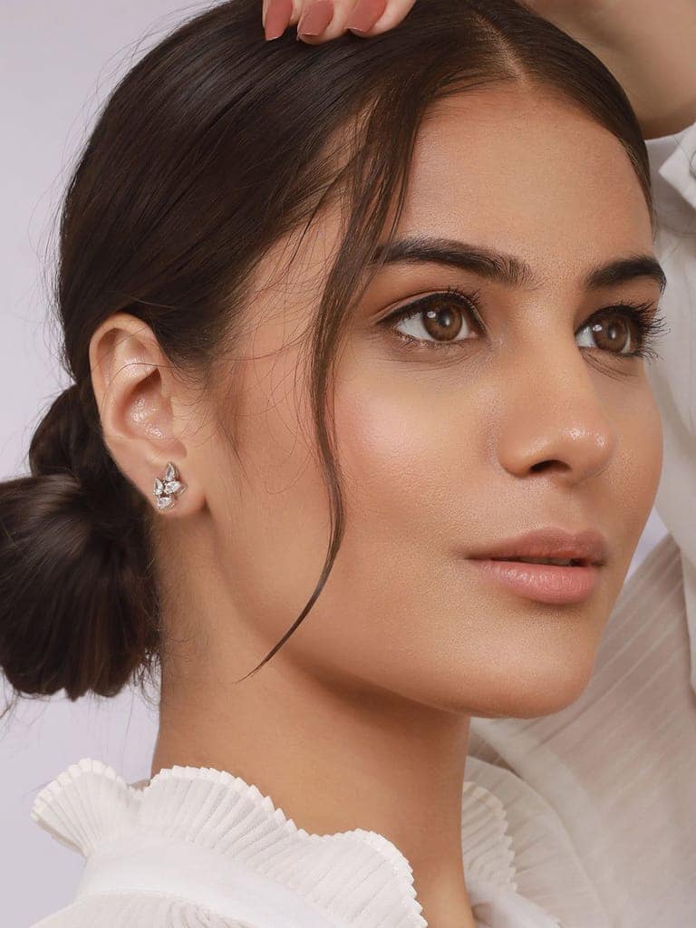 925 Sterling Silver AD Studded Rhodium Plated Leafy Studds Earrings view 4