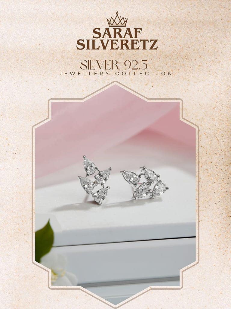 925 Sterling Silver AD Studded Rhodium Plated Leafy Studds Earrings view 9