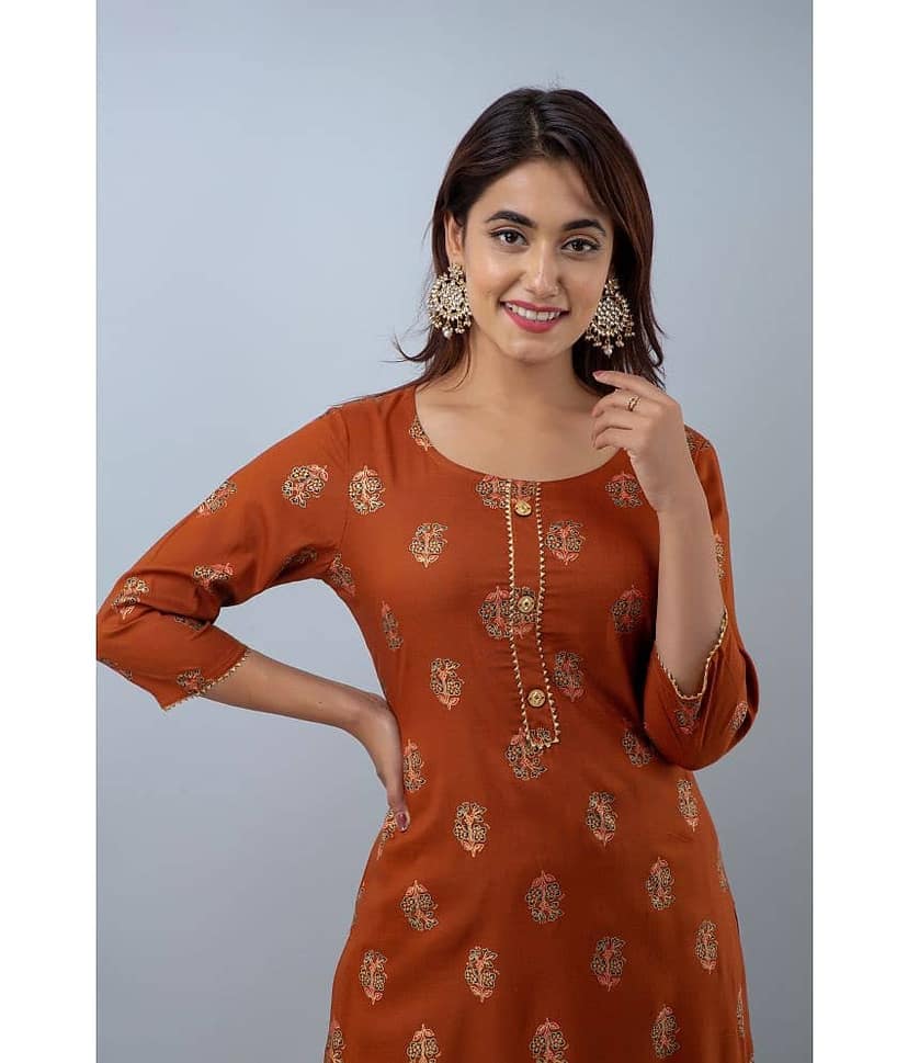 Doriya Brown Rayon Kurti With Palazzo - Stitched Suit view 2