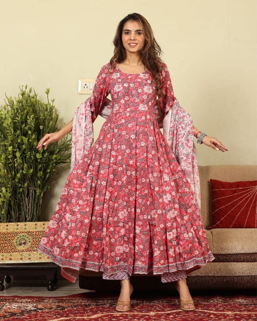 Anarakali Kurti Set Pink Color Bagru Handblock print with Mulmul Dupatta-8097 view 5