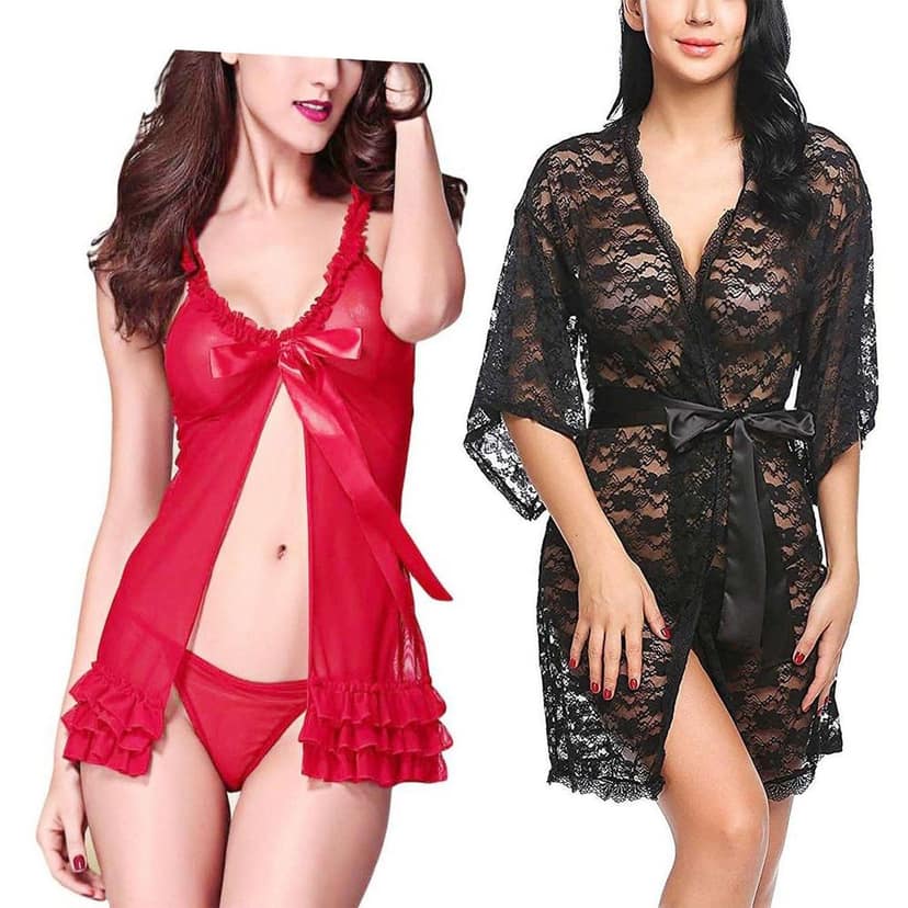 Net Babydoll Nightdress Robe panty Combo Pack 2 view 5