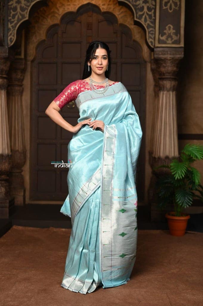 Parampara ~ Pure Silk Paithani with Munia Border, Silver Zari & Divine Deer Pallu in Powder Blue view 2