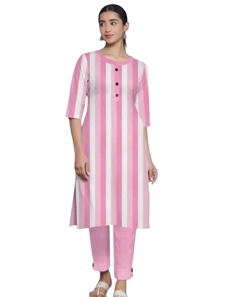 Women's Pink Striped Kurta with Pant Set