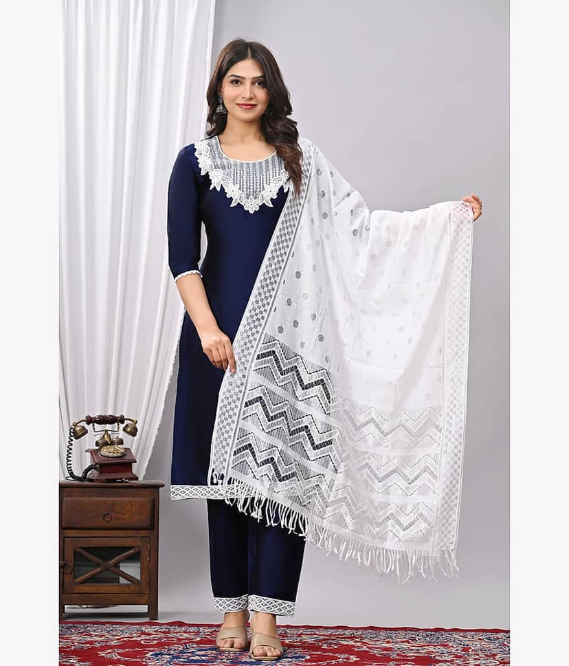 EXPORTHOUSE Women Silk Blend Embroidered Straight Kurti With Pants ( Navy Blue ) view 2