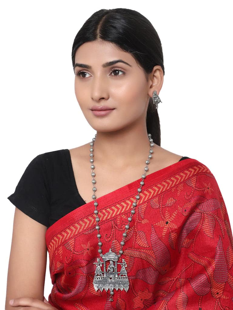 Cardinal Oxidized Silver Color Long Necklace Set