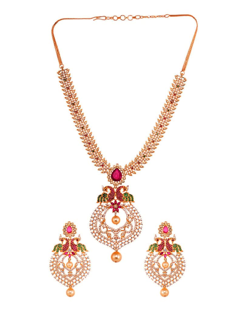 Gold Plated Big pendant style Multi AD studded Peacock design Necklace Earrings Set view 4