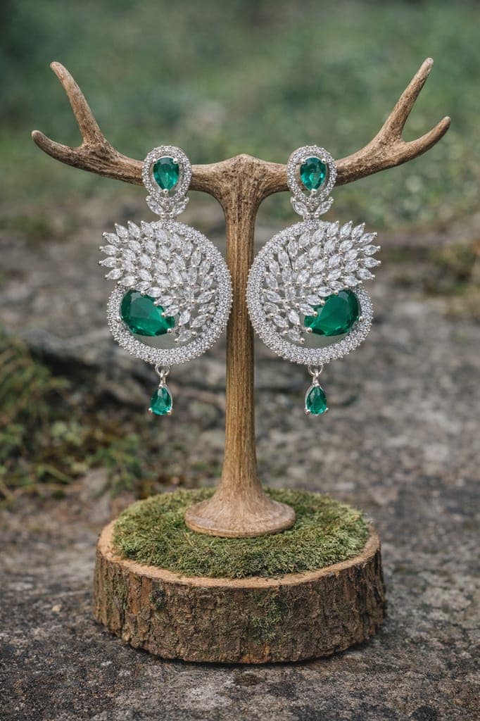 ✨Sea Green American Diamond Dangle Earrings for Women | Bridal, Wedding & Party Wear Statement Earrings ✨ view 3