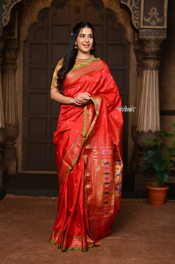 Parampara ~ Pure Silk Paithani - with Most Traditional Double Pallu in Red with Green Border view 2