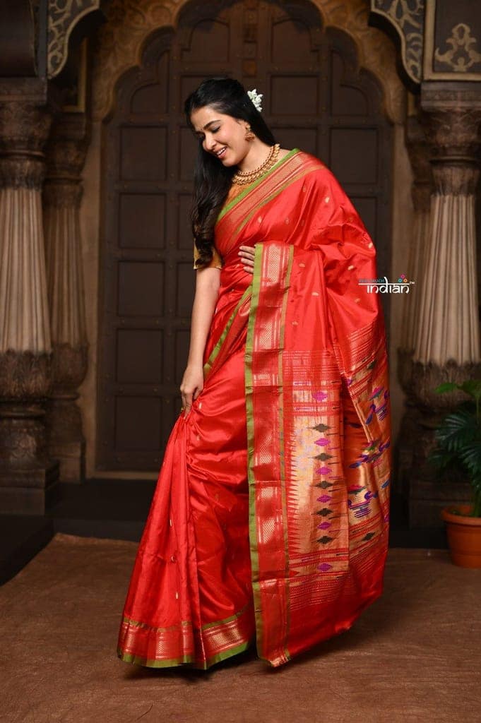 Parampara ~ Pure Silk Paithani - with Most Traditional Double Pallu in Red with Green Border view 3
