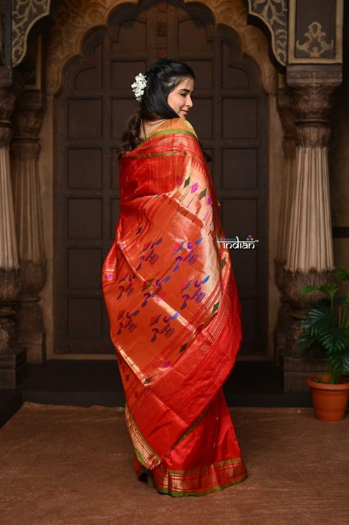 Parampara ~ Pure Silk Paithani - with Most Traditional Double Pallu in Red with Green Border view 4