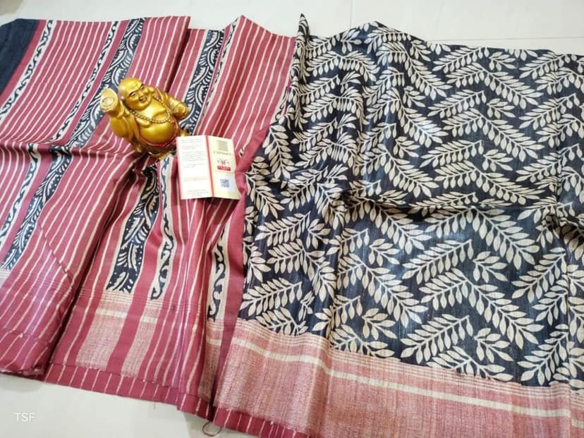 Silkmark Certified Tussar Silk Handloom Handblock Printed Black and Maroon Saree with Blouse-1871