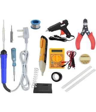 ALDECO: ( 16 in 1 ) SOLDERING IRON 25 Watt Professional Kit - Blue Iron, Wire, Flux, Stand, Tape, Cutter, Tester, Bit, Voltage Alert, Glue Gun, 2 Glue Stick, Digital Multimeter
