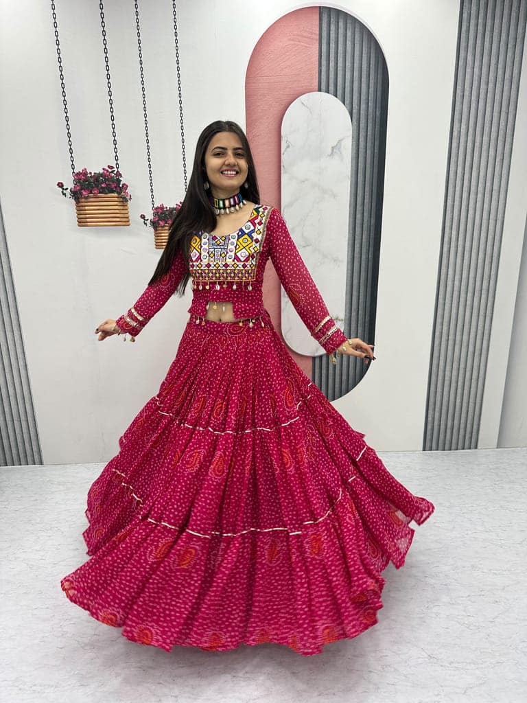 Women's Rani Pink Georgette Bandhani Print Lehenga Choli Set with Kutch Patchwork Blouse & Heavy Flair – Traditional Festive & Navratri Garba Ethnic Wear view 2