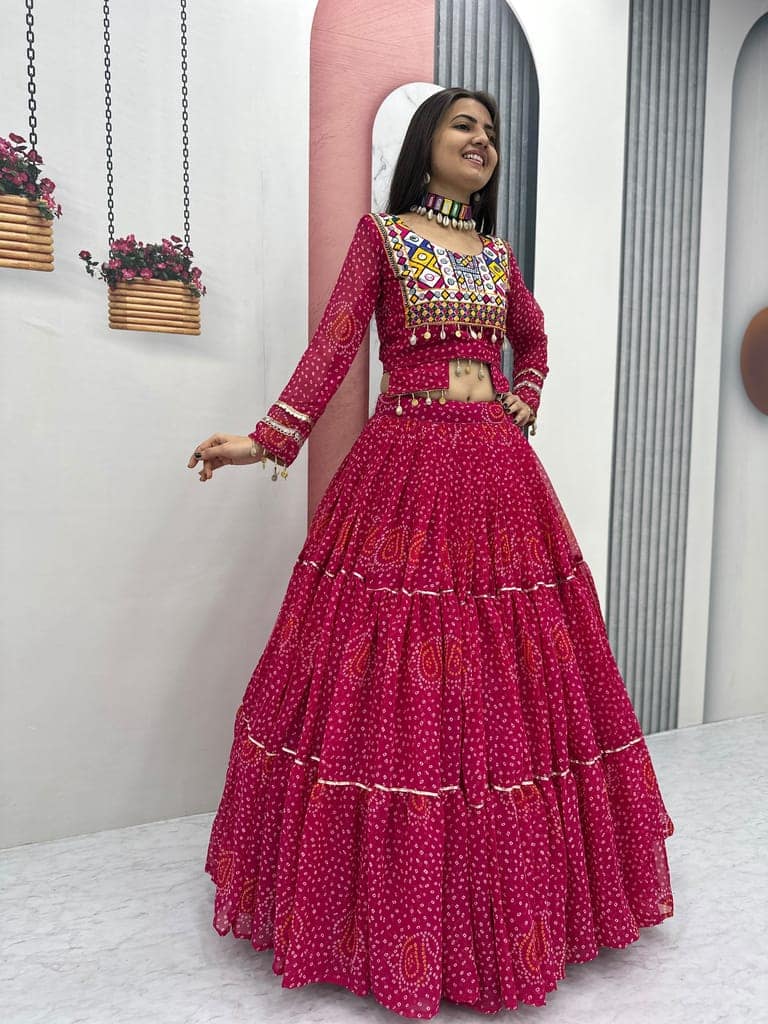 Women's Rani Pink Georgette Bandhani Print Lehenga Choli Set with Kutch Patchwork Blouse & Heavy Flair – Traditional Festive & Navratri Garba Ethnic Wear view 3