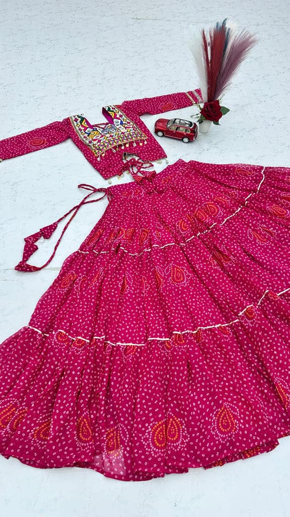 Women's Rani Pink Georgette Bandhani Print Lehenga Choli Set with Kutch Patchwork Blouse & Heavy Flair – Traditional Festive & Navratri Garba Ethnic Wear view 4