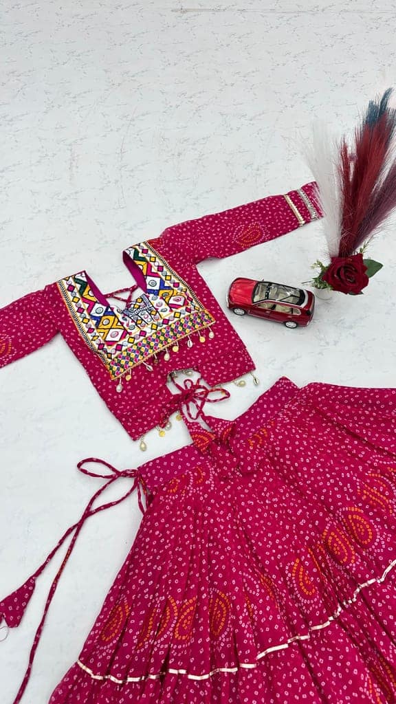 Women's Rani Pink Georgette Bandhani Print Lehenga Choli Set with Kutch Patchwork Blouse & Heavy Flair – Traditional Festive & Navratri Garba Ethnic Wear view 5