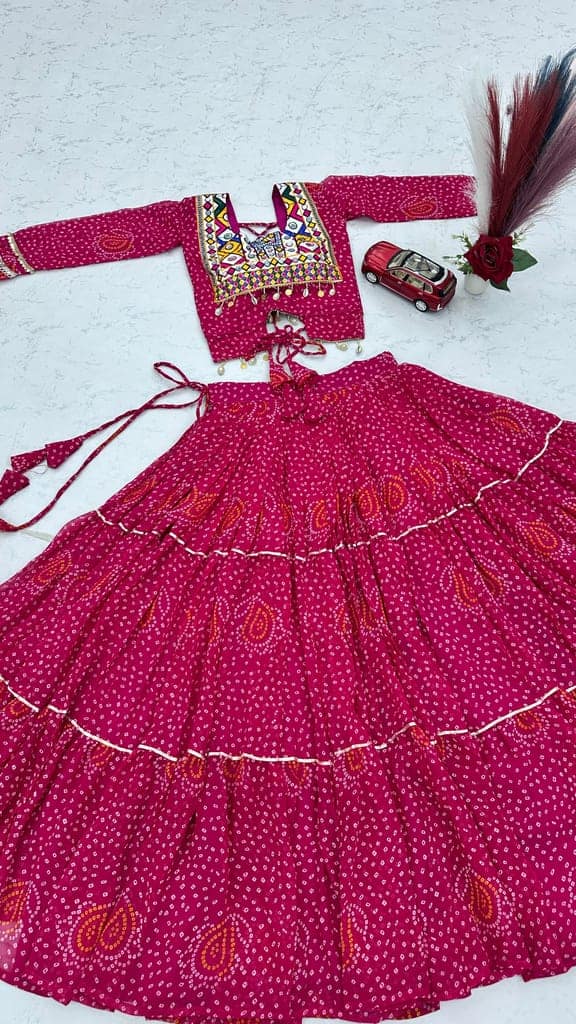Women's Rani Pink Georgette Bandhani Print Lehenga Choli Set with Kutch Patchwork Blouse & Heavy Flair – Traditional Festive & Navratri Garba Ethnic Wear view 6