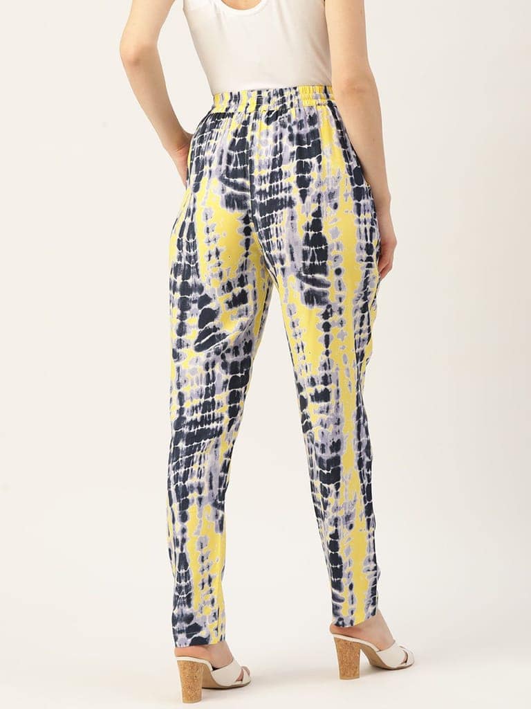 Women Black & Yellow Printed High-Rise Trousers view 3