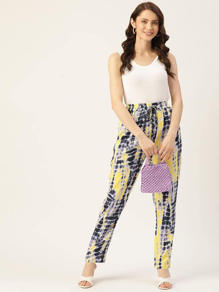 Women Black & Yellow Printed High-Rise Trousers view 4