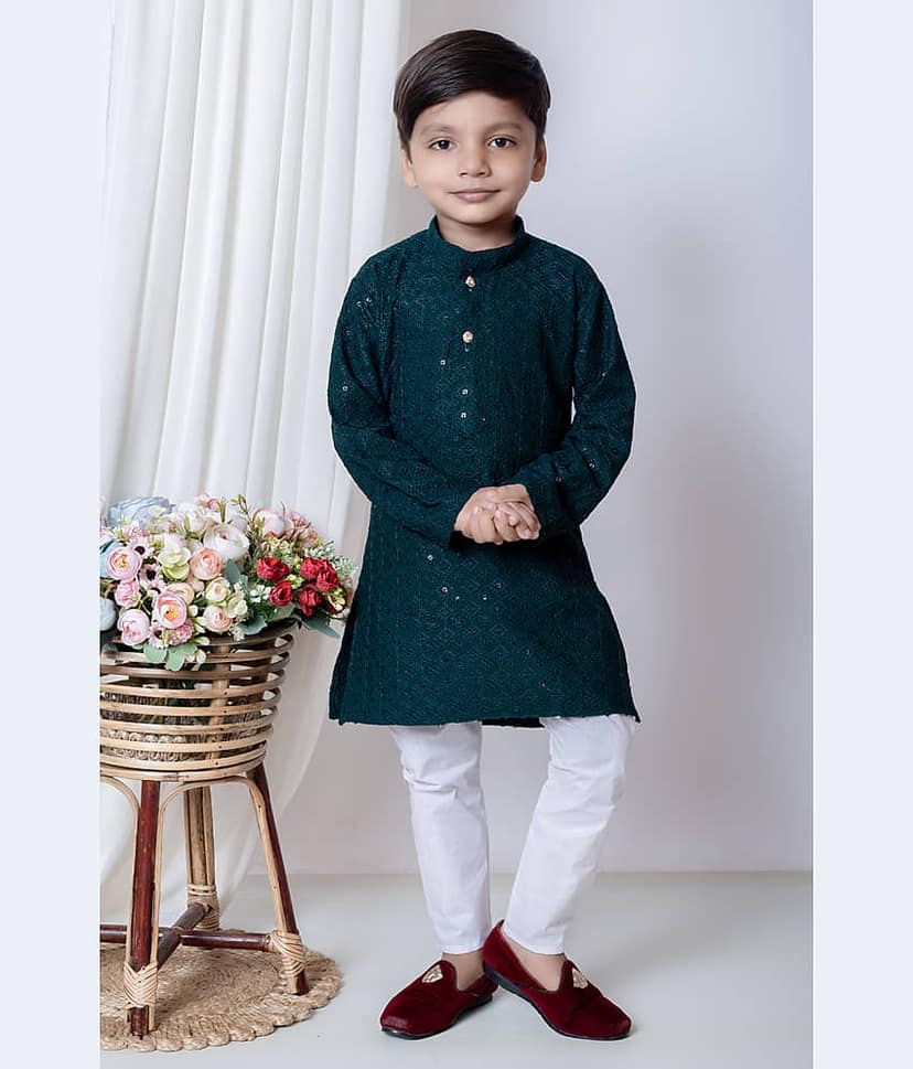 New Collection Boys Chanderi Sequined - Pattern Kurta Pant Set ( Dark Blue , Pack of 1 )