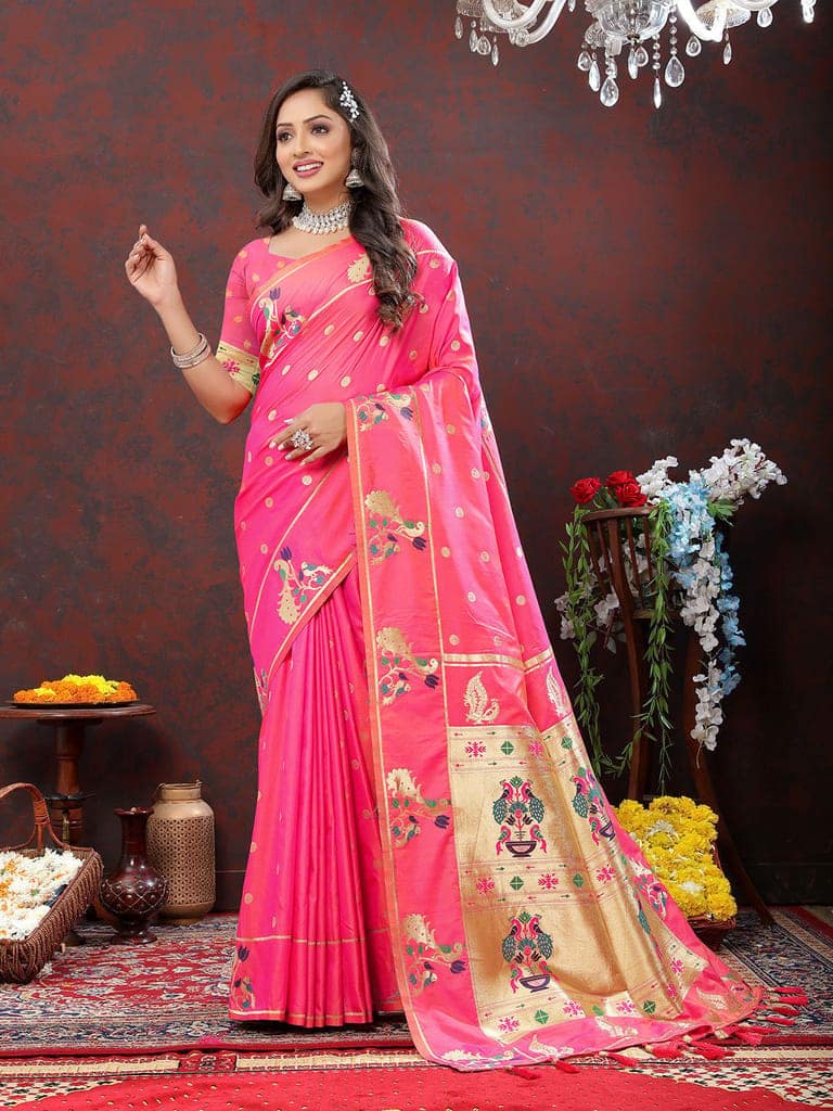 Pink Soft Paithani Silk Woven Design Gold Zari Meenakari Weaving Saree