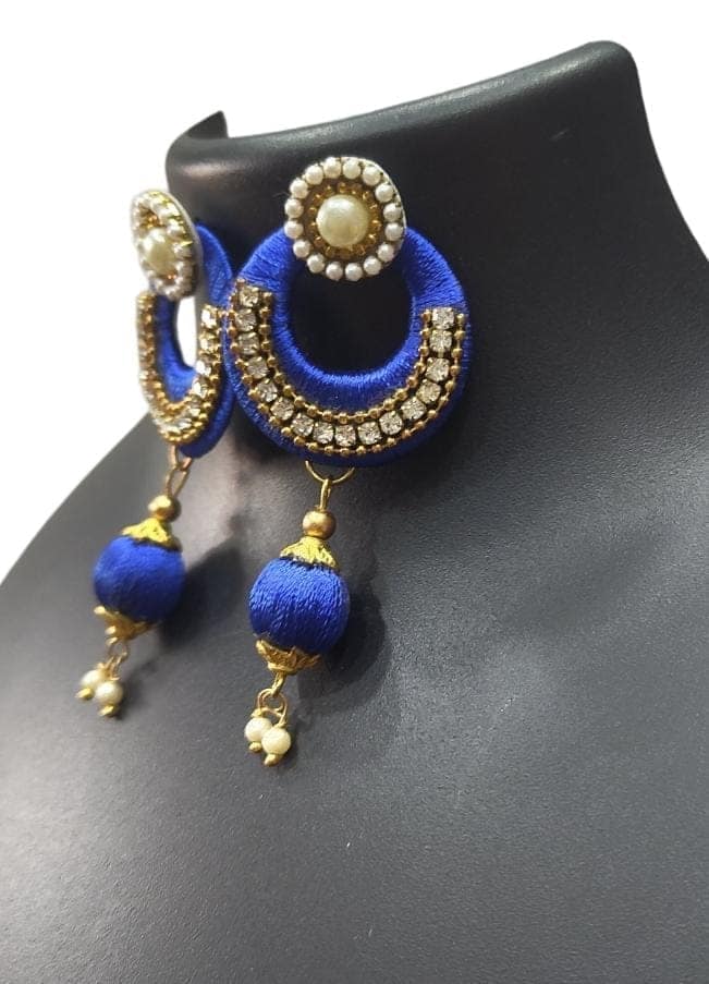 Blue Silk Thread Earrings with Pearl and Rhinestone Accents view 2