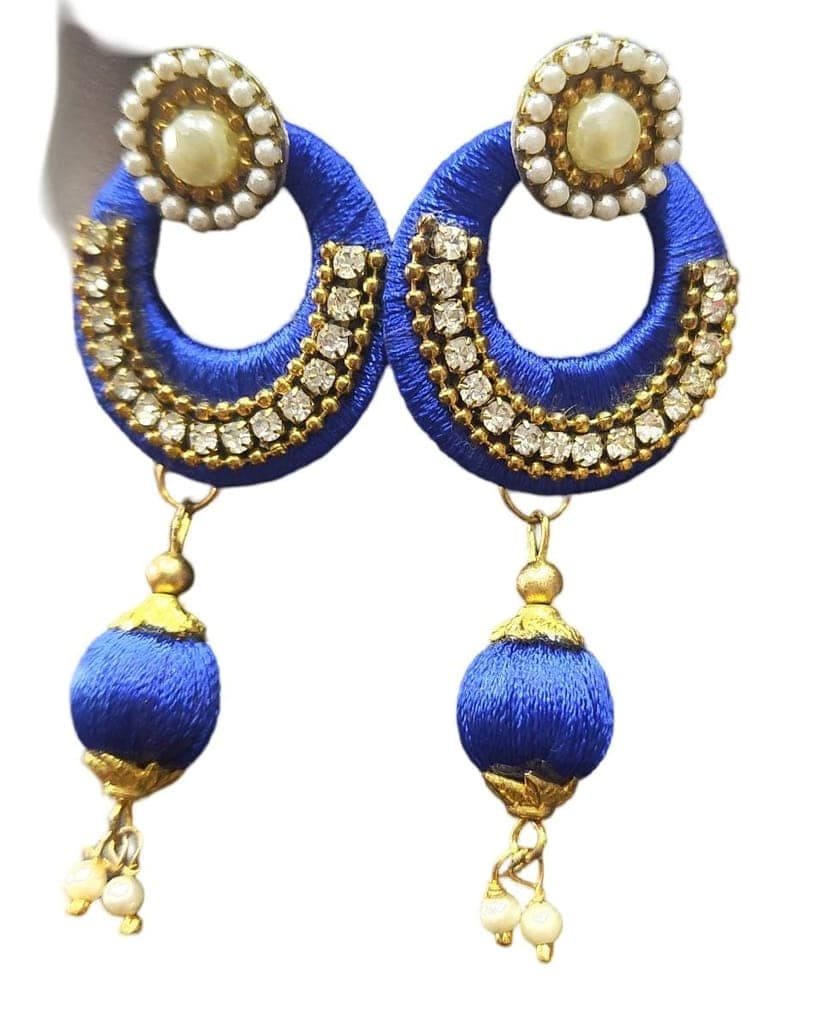 Blue Silk Thread Earrings with Pearl and Rhinestone Accents view 3