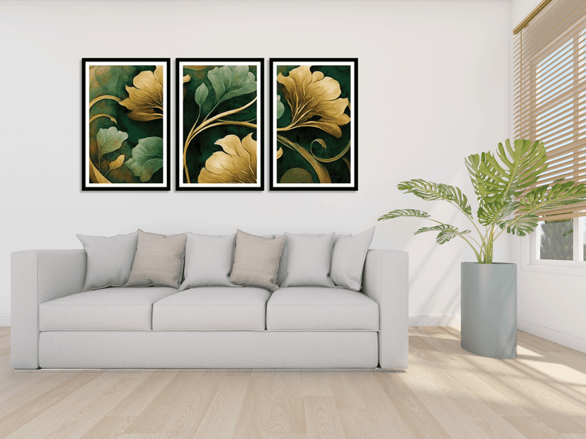 SET OF 3 GREEN AND GOLD FLORAL WALLART 48in X 24in WITH BLACK FRAME